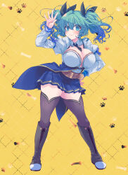 Rule 34 | &gt;:), 1girl, absurdres, aqua eyes, aqua hair, arm up, assault lily, belt, between breasts, black footwear, black necktie, black ribbon, blue skirt, blush, boots, bow, breasts, brown belt, brown thighhighs, cartoon bone, cleavage, closed mouth, collared shirt, commentary request, contrapposto, cross-laced footwear, fingernails, floating hair, frilled shirt, frills, full body, grid background, hair between eyes, hair ribbon, hand on own hip, highres, juliet sleeves, knee boots, lace-up boots, large breasts, long sleeves, looking at viewer, medium hair, miniskirt, naridon, necktie, necktie between breasts, odaiba girls high school uniform, open hand, paw print, paw print background, pleated skirt, puffy sleeves, purple bow, ribbon, school uniform, shirt, skirt, sleeve bow, smile, solo, standing, suzuki chinami, thighhighs, twintails, v-shaped eyebrows, waist cape, wavy hair, white shirt, yellow background, zettai ryouiki