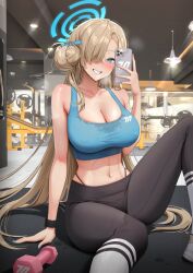 Rule 34 | 1girl, absurdres, asuna (blue archive), blonde hair, blue archive, blue eyes, blue nails, blue sports bra, breasts, ceiling light, cellphone, collarbone, dumbbell, grin, gym, hair bun, hair over one eye, halo, highres, holding, holding phone, kkuni, large breasts, long hair, midriff, mole, mole on breast, navel, pants, panty straps, phone, selfie, sitting, smartphone, smile, solo, sports bra, stomach, sweat, teeth, very long hair, yoga pants