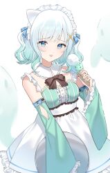 Rule 34 | 1girl, apron, black ribbon, blue eyes, blue ribbon, detached collar, detached sleeves, dress, food, frilled dress, frilled sleeves, frills, ghost, ghost girl, gradient hair, green dress, green hair, green nails, hair ornament, highres, holding, holding food, holding ice cream, holding plate, ice cream, indie virtual youtuber, long sleeves, looking at viewer, maid, maid apron, maid headdress, mint fantome, multicolored hair, plate, ribbon, sleeves past wrists, solo, tongue, tongue out, triangular headpiece, two side up, umireki, virtual youtuber, white background, white hair, x hair ornament
