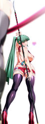 Rule 34 | 1girl, :q, ass, back, blurry, breasts, denim, denim shorts, depth of field, female focus, green eyes, green hair, high heels, highres, huge breasts, long hair, long image, matching hair/eyes, muv-luv, polearm, ponytail, pussy, shino (comic penguin club), shoes, shorts, solo, tall image, thighhighs, tongue, tongue out, torn clothes, tsukuyomi mana, very long hair, weapon
