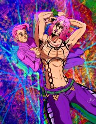Rule 34 | 2boys, bodysuit, brown eyes, confused, diavolo, fishnet bodysuit, fishnets, freckles, green eyes, highres, jojo no kimyou na bouken, lipstick, long hair, makeup, male focus, midriff, multiple boys, navel, pants, patterned background, pink hair, ponytail, purple hair, purple lips, rainbow background, ribbed sweater, smf frieza, striped clothes, striped sweater, sweater, turtleneck, turtleneck sweater, vento aureo, vinegar doppio, yellow eyes