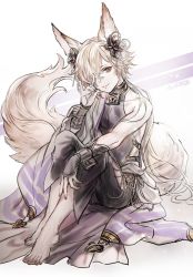 Rule 34 | 1boy, adoniszaf, animal ears, backless outfit, blonde hair, fox boy, fox ears, fox tail, granblue fantasy, hair over one eye, kou (granblue fantasy), large tail, looking at viewer, male focus, nail polish, side-tie legwear, sideless outfit, tail