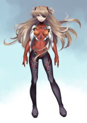 Rule 34 | 1girl, absurdres, alternate hairstyle, blue eyes, bodysuit, breasts, brown hair, closed mouth, expressionless, eyepatch, female focus, gloves, hair between eyes, headgear, highres, long hair, medium breasts, msk, neon genesis evangelion, pilot suit, plugsuit, rebuild of evangelion, red bodysuit, red lips, shiny clothes, solo, souryuu asuka langley, two side up, white background, wide hips