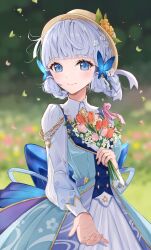 Rule 34 | 1girl, ayaka (genshin impact), back bow, blue bow, blue dress, blue eyes, blue hair, blunt bangs, bow, braid, butterfly hair ornament, closed mouth, collar, dress, flower, genshin impact, hair flower, hair ornament, hat, hat flower, hat ribbon, high collar, highres, holding, holding flower, kamisato ayaka, kamisato ayaka (springbloom missive), light blue hair, long sleeves, looking at viewer, minausa, mole, mole under eye, official alternate costume, official alternate hairstyle, puffy long sleeves, puffy sleeves, ribbon, smile, solo, tulip, upper body, white collar, white ribbon