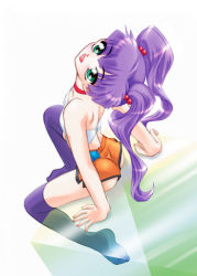 Rule 34 | 1girl, bad anatomy, choker, green eyes, happy, purple hair, shorts, sitting, solo, thighhighs, twintails