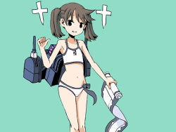 Rule 34 | 1girl, alternate costume, bare arms, bare shoulders, bikini, brown eyes, brown hair, cannon, collarbone, cosplay, flat chest, green background, grin, hair tie, holding, kantai collection, machinery, navel, onmyouji, pointing, ryuujou (kancolle), scroll, shikigami, simple background, sixten, smile, solo, swimsuit, tenryuu (kancolle) (cosplay), tenryuu (kancolle), twintails