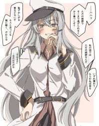Rule 34 | 1girl, belt, black belt, commentary, facial scar, gangut (kancolle), grey hair, hat, highres, jacket, kantai collection, kirisaki seeker, long hair, military jacket, orange eyes, peaked cap, red shirt, scar, scar on cheek, scar on face, shirt, solo, speech bubble, thought bubble, translation request, white jacket