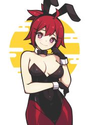 Rule 34 | 1girl, @ @, absurdres, animal ears, bacon strips, bare shoulders, blush, bow, breasts, character request, copyright request, fake animal ears, gloves, hair ornament, hairclip, highres, leotard, medium breasts, playboy bunny, ponytail, rabbit ears, red hair, solo, white background
