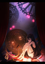 Rule 34 | 1girl, bare arms, bare legs, bare shoulders, barefoot, black dress, black hair, book, brown eyes, closed mouth, curtains, dress, fantasy, from side, full body, gears, highres, hugging own legs, lamp, letterboxed, long hair, looking at viewer, looking to the side, noraico, open book, original, sidelocks, sitting, solo, stuffed animal, stuffed toy, teddy bear, thigh strap, very long hair