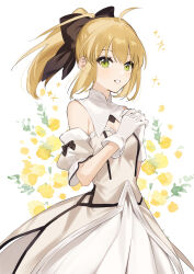 Rule 34 | 1girl, ahoge, artoria pendragon (all), artoria pendragon (fate), black bow, blonde hair, bow, breasts, detached sleeves, dress, fate/grand order, fate (series), gloves, green eyes, hair bow, highres, ponytail, rizu033, saber lily, short sleeves, sidelocks, small breasts, solo, white dress, white gloves