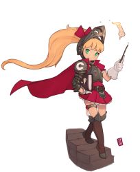 Rule 34 | 1girl, 34no404, alternate costume, armor, blonde hair, book, boots, breastplate, brown footwear, call (mighty no. 9), cape, commentary, dress, gloves, green eyes, hair ribbon, highres, knee boots, long hair, mighty no. 9, ribbon, short dress, single gauntlet, single glove, smile, solo, very long hair, visor, wand