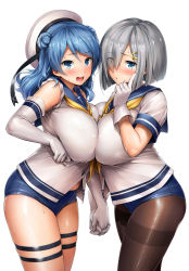Rule 34 | 2girls, bare shoulders, blue eyes, blue hair, blush, breast press, breasts, elbow gloves, finger to face, gloves, hair ornament, hair over one eye, hairclip, hamakaze (kancolle), hat, highres, huge breasts, kantai collection, looking at viewer, multiple girls, navel, pantyhose, school uniform, serafuku, shinozuka jouji, short hair, silver hair, simple background, symmetrical docking, thick thighs, thighs, urakaze (kancolle), white background, white gloves