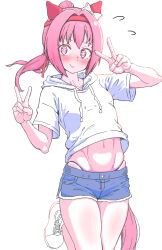 Rule 34 | 1girl, animal ears, blush, bow, closed mouth, commentary request, denim, denim shorts, double v, ear bow, ear covers, flower-shaped pupils, haru urara (umamusume), headband, highres, hood, hoodie, horse ears, horse girl, horse tail, midriff, navel, pink eyes, pink hair, ponytail, shoes, shorts, simple background, smile, sneakers, solo, standing, standing on one leg, symbol-shaped pupils, tail, umamusume, v, white background, white bow, white footwear, white hoodie, yaki apple