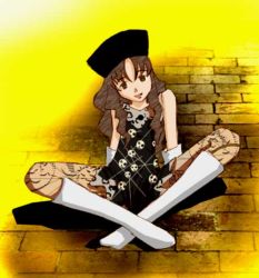 Rule 34 | 00s, 1boy, arm support, bare shoulders, boots, brown eyes, brown hair, crossdressing, detached sleeves, dress, gankutsuou, hat, head tilt, indian style, male focus, pantyhose, peppo, sitting, smile, solo, trap