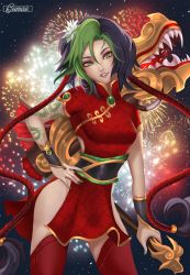 Rule 34 | 1girl, alternate hair color, black hair, breasts, china dress, chinese clothes, dress, firecracker jinx, fireworks, green eyes, green hair, gumae, hair ornament, jinx (league of legends), league of legends, lips, long hair, multicolored hair, red dress, tattoo, thighhighs, twintails