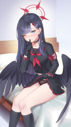 Rule 34 | 1girl, aesice, armband, bed, black choker, black gloves, black hair, black panties, black sailor collar, black serafuku, black skirt, black socks, black wings, blue archive, blush, choker, closed mouth, clothes lift, commentary request, feet out of frame, gloves, grey eyes, hair ornament, hairclip, halo, highres, ichika (blue archive), lifted by self, long hair, long sleeves, looking at viewer, low wings, navel, neckerchief, one eye closed, panties, pillow, pleated skirt, red armband, red halo, red neckerchief, safety pin, sailor collar, school uniform, serafuku, sitting, skirt, skirt lift, smile, socks, solo, underwear, wings