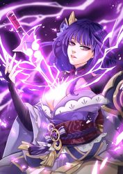 Rule 34 | 1girl, andangpou, armor, breasts, bridal gauntlets, cleavage, commentary, electricity, energy sword, english commentary, flower, genshin impact, hair ornament, highres, human scabbard, japanese clothes, kimono, large breasts, light particles, long hair, looking at viewer, mitsudomoe (shape), mole, mole under eye, open mouth, parted lips, purple eyes, purple flower, purple hair, raiden shogun, ribbon, sash, shoulder armor, simple background, solo, sword, tassel, tomoe (symbol), weapon