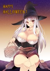 Rule 34 | 1girl, bare shoulders, basket, breasts, cleavage, cosplay, dragon&#039;s crown, halloween, hat, highres, large breasts, long hair, looking at viewer, red eyes, revision, rozen maiden, sash, silver hair, sitting, smile, solo, sorceress (dragon&#039;s crown), sorceress (dragon&#039;s crown) (cosplay), suigintou, thighs, tousen, witch hat