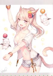 Rule 34 | 1girl, :d, absurdres, animal ears, arm up, warrior of light (ff14), bikini, bikini top only, blonde hair, bracelet, breasts, cat ears, cat girl, cat tail, cleavage, collarbone, cowboy shot, creature, dancing, facial mark, fang, fictional persona, final fantasy, final fantasy xiv, flower, front-tie bikini top, front-tie top, hair flower, hair ornament, highres, jacket, jewelry, long hair, looking at viewer, medium breasts, miqo&#039;te, momoko (momopoco), moogle, navel, open clothes, open jacket, open mouth, ponytail, purple eyes, scan, short shorts, short sleeves, shorts, slit pupils, smile, solo, stomach, swimsuit, tail, whisker markings, white bikini, white jacket, white shorts