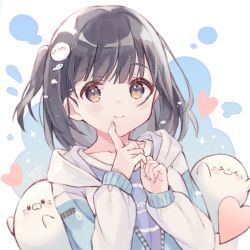 Rule 34 | 1girl, black hair, blush, brown eyes, closed mouth, commentary request, hair ornament, heart, highres, hood, hood down, hooded jacket, jacket, long sleeves, looking at viewer, nail polish, original, seal (animal), sencha (senta 10), short hair, smile, solo, twintails, upper body
