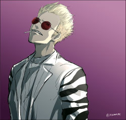 Rule 34 | 1boy, blonde hair, cigarette, glasses, grimace, k-suwabe, looking at viewer, male focus, mouth hold, original, purple background, shadow, shirt, sketch, solo, striped, striped sleeves, sunglasses, vest, white shirt, white vest