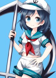 Rule 34 | 1girl, anchor, black hair, blue background, blue eyes, closed mouth, hand on own hip, hat, highres, holding, holding anchor, looking at viewer, medium hair, murasa minamitsu, red neckwear, ruu (tksymkw), sailor, sailor collar, sailor hat, shirt, short sleeves, shorts, simple background, smile, solo, standing, touhou, white hat, white shirt, white shorts