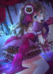 Rule 34 | 0141zucker, 1girl, blue eyes, blurry, brown hair, chocolate, commentary request, depth of field, dress, gloves, hair ornament, long hair, looking at viewer, one side up, puffy short sleeves, puffy sleeves, short sleeves, solo, tamasaka makoto, tokyo 7th sisters