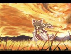 Rule 34 | 1girl, arms at sides, auer, bad id, bad pixiv id, brown hair, detached sleeves, female focus, field, hair over eyes, hakurei reimu, japanese clothes, landscape, letterboxed, miko, nature, orange theme, outdoors, plant, ribbon, scenery, sky, solo, sunset, touhou