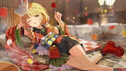 Rule 34 | 1girl, :p, absurdres, artist name, bell, black shorts, black socks, blonde hair, blush, braid, candy, candy apple, closed mouth, commentary request, detached sleeves, earrings, fang, food, fox mask, fujita kotone, gakuen idolmaster, head rest, heart, heart in eye, highres, hmax, holding, holding candy, holding food, idolmaster, japanese clothes, jewelry, jingle bell, kimono, leaf, long hair, long sleeves, looking at viewer, lying, maple leaf, mask, mask on head, obi, on side, one eye closed, partially submerged, red footwear, sash, shoes, shorts, skin fang, socks, solo, steam, stud earrings, symbol in eye, tongue, tongue out, twin braids, twintails, water, wide sleeves, yellow eyes