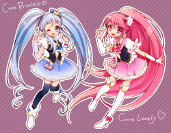 Rule 34 | 10s, 2girls, :d, ;d, aino megumi, arm warmers, blue eyes, blue hair, blue skirt, boots, bow, brooch, character name, cure lovely, cure princess, earrings, hair ornament, happinesscharge precure!, heart, heart brooch, heart hair ornament, high heels, high ponytail, jewelry, long hair, magical girl, multiple girls, one eye closed, open mouth, pink bow, pink eyes, pink hair, polka dot, polka dot background, ponytail, precure, puffy sleeves, purple background, ribbon, shirayuki hime, skirt, smile, text focus, thigh boots, thighhighs, twintails, uzuki aki, v, very long hair, wide ponytail, wink, zettai ryouiki