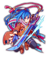 Rule 34 | aqua belt, aqua scarf, artist request, belt, black belt, black pants, blue gloves, boots, brown belt, brown footwear, brown jacket, charm (object), closed mouth, collar, collared jacket, crash fever, game cg, gloves, holding, holding sword, holding weapon, horizontal-striped clothes, horizontal-striped scarf, jacket, kenji (crash fever), layered shirt, long hair, looking at viewer, official art, outline, pants, pink collar, pink tassel, red outline, saturated, scarf, shirt, shoe belt, sleeve belt, solo, square print, striped clothes, striped scarf, sword, tachi-e, thigh belt, thigh strap, transparent background, two-tone scarf, v-neck, very long hair, weapon, white shirt, yellow shirt