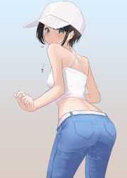 Rule 34 | 1girl, absurdres, alternate costume, aqua eyes, ass, back, bare shoulders, baseball cap, belt, black hair, blouse, blush, breasts, camisole, closed mouth, cowboy shot, criss-cross halter, denim, from behind, gradient background, halter shirt, halterneck, hat, highres, hololive, jewelry, looking at viewer, looking back, midriff, necklace, oozora subaru, pants, shirt, short hair, sidelocks, simple background, sl10 d, sleeveless, small breasts, solo, virtual youtuber, white hat, white shirt