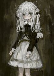 Rule 34 | 1girl, :&lt;, absurdres, backpack, bag, black bow, black ribbon, black sweater, blush, bow, closed mouth, clothes grab, collared shirt, elephant, english text, feet out of frame, flower, frown, grabbing, grey hair, hair between eyes, hair bow, hair flower, hair ornament, highres, charm (object), knees together feet apart, long hair, long sleeves, looking at viewer, messy hair, neck ribbon, original, painterly, ribbon, rose, sad, shirt, skirt, solo, standing, stuffed animal, stuffed toy, sweater, tearing up, tears, torichikushou, twintails, white flower, white hair, white rose, white shirt, white skirt, white wrist cuffs, wrist cuffs