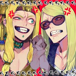 Rule 34 | 1boy, 1girl, absurdres, anger vein, blonde hair, brother and sister, face-to-face, fate/grand order, fate (series), formal, glasses, grin, highres, holding hands, long hair, ochi gero, quetzalcoatl (fate), sharp teeth, siblings, smile, suit, teeth, tezcatlipoca (fate)