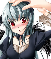 Rule 34 | 00s, 1girl, blush, chibimame, dress, frills, hairband, hand on head, petite, headpat, red eyes, rozen maiden, silver hair, size difference, solo focus, suigintou, wings