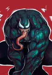 Rule 34 | 1boy, black skin, colored skin, hands on ground, highres, long tongue, looking at viewer, male focus, marvel, mixter art, monster boy, muscular, muscular male, sharp teeth, solo, spider-man (series), symbiote, teeth, thick arms, tongue, tongue out, veins, veiny arms, venom (marvel)
