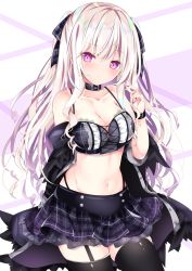 Rule 34 | 1girl, bare shoulders, black choker, black jacket, black skirt, black thighhighs, blush, breasts, choker, cleavage, closed mouth, collarbone, commentary request, garter straps, groin, hair between eyes, hand up, highleg, highres, jacket, lace trim, light brown hair, long hair, looking at viewer, medium breasts, midriff, miniskirt, nail polish, nanase nao, navel, off shoulder, original, plaid, plaid skirt, purple background, purple eyes, purple nails, revealing clothes, short sleeves, skirt, solo, stomach, strap gap, thighhighs, two-tone background, two side up, very long hair, white background, zettai ryouiki