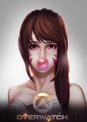 Rule 34 | 1girl, absurdres, alternate eye color, bare shoulders, bodysuit, breasts, brown hair, blowing bubbles, chewing gum, collarbone, copyright name, d.va (overwatch), dress, emblem, eyelashes, eyeliner, facepaint, facial mark, hair over shoulder, highres, logo, long hair, looking at viewer, makeup, medium breasts, nose, overwatch, overwatch 1, portrait, purple eyes, solo, strapless, strapless dress, swept bangs, upper body, whisker markings, xiaoxiaoxiaomo