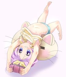 Rule 34 | 00s, 1girl, bad id, bad pixiv id, barefoot, flat chest, foreshortening, handheld game console, highres, hiiragi tsukasa, lucky star, nipples, p.k., playing games, playstation portable, purple hair, short shorts, shorts, solo, video game