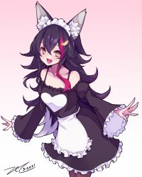 Rule 34 | 1girl, :d, alternate costume, animal ear fluff, animal ears, black hair, collarbone, commentary request, dated, enmaided, gradient background, hair between eyes, hair ornament, hairclip, highres, hololive, long hair, long sleeves, maid, maid headdress, multicolored hair, ookami mio, open mouth, pink background, red hair, scarlet zel, signature, smile, solo, two-tone hair, virtual youtuber, wolf ears, yellow eyes