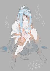 Rule 34 | 1girl, bags under eyes, barefoot, blue hair, blue nails, brbr vrvr, candle, candlestand, collarbone, crazy smile, fire, full body, ghost costume, grey background, hair intakes, hair ribbon, hair spread out, head tilt, highres, hitodama, holding, holding candle, knees up, kotonoha aoi, long hair, long sleeves, looking at viewer, off shoulder, open mouth, pale skin, partially colored, raised eyebrows, red eyes, ribbon, sidelocks, sideways hat, single bare shoulder, sitting, smile, solo, translation request, triangular headpiece, twitter username, very long hair, voiceroid