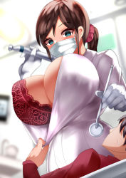 Rule 34 | 1boy, 1girl, absurdres, assisted exposure, blue eyes, blush, bra, breasts, brown hair, cleavage, clothes pull, dentist, highres, huge breasts, lingerie, mask, mouth mask, one breast out, original, ponytail, red bra, shirt, shirt pull, surgical mask, tagme, tiamat (momokuri mannen), underwear, white shirt