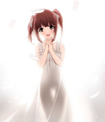 Rule 34 | 10s, 1girl, bad id, bad pixiv id, brown eyes, brown hair, dress, feathers, idolmaster, idolmaster cinderella girls, ogata chieri, own hands clasped, own hands together, see-through, see-through silhouette, short hair, smile, solo, tama (tamatamo)