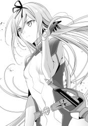 Rule 34 | 1girl, breasts, cleavage, closed mouth, covered navel, detached sleeves, dutch angle, floating hair, gloves, greyscale, hair between eyes, hair ribbon, highres, krulcifer einfolk, long hair, long sleeves, monochrome, murakami yuichi, novel illustration, official art, ribbon, saijaku muhai no bahamut, sheath, sheathed, simple background, small breasts, solo, standing, sword, upper body, very long hair, weapon, white background