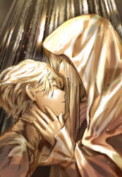 Rule 34 | 10s, 1boy, 1girl, aldnoah.zero, asseylum vers allusia, bad id, bad pixiv id, blonde hair, brown hair, cloak, closed mouth, closed eyes, fingernails, hand on another&#039;s face, height difference, hood, hooded cloak, ichinose777, light particles, long hair, long sleeves, open mouth, profile, slaine troyard, upper body, x-ray, yellow theme