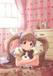 Rule 34 | 1girl, absurdres, ahoge, animal, barefoot, birthday, border collie, brown eyes, brown hair, collared shirt, commentary request, crossed arms, crossed legs, curtains, dog, dot nose, drawer, floral print, frilled shirt, frilled skirt, frills, hair ribbon, hakozaki serika, highres, holding, holding animal, holding dog, idolmaster, idolmaster million live!, indoors, legs up, light blush, light smile, long hair, looking at viewer, lying, medium bangs, on stomach, picture frame, pink curtains, puffy short sleeves, puffy sleeves, purple ribbon, purple skirt, ribbon, rug, shirt, short sleeves, skirt, solo, split mouth, swept bangs, twintails, wallpaper (object), window, yellow shirt, yukiho kotori