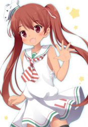 Rule 34 | 10s, 1girl, :d, bare shoulders, brown eyes, brown hair, dark-skinned female, dark skin, dress, fang, gradient background, hair ribbon, hat, kantai collection, libeccio (kancolle), long hair, maccha, neckerchief, open mouth, ribbon, sailor dress, simple background, sleeveless, smile, solo, striped neckerchief, tan, twintails
