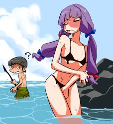 Rule 34 | 1boy, 1girl, ?, black hair, blue bow, blue sky, bodypaint, bow, breasts, cigarette, cloud, commentary request, cookie (touhou), feet out of frame, green male swimwear, green shorts, green swim trunks, hair bow, holding, holding polearm, holding spear, holding weapon, horizon, long hair, looking at another, male swimwear, multi-tied hair, ocean, open mouth, partially submerged, patchouli knowledge, polearm, purple eyes, purple hair, red bow, rock, scotch (cookie), short hair, shorts, sky, small breasts, spear, suzuki (cookie), sweat, swim trunks, swimsuit, taisa (cookie), topless male, touhou, twintails, wading, water, weapon