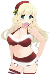 Rule 34 | 10s, 1girl, atago (kancolle), bell, beret, blonde hair, breasts, cleavage, condom, condom in mouth, female focus, fur trim, green eyes, hat, jingle bell, kantai collection, large breasts, lillithlauda, long hair, miniskirt, mouth hold, navel, santa costume, skirt, solo, striped clothes, striped legwear, striped thighhighs, thighhighs