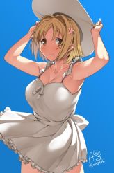 Rule 34 | 1girl, armpits, bare arms, blue background, blush, breasts, cleavage, collarbone, commentary request, cowboy shot, dot nose, dress, hair ornament, hairpin, hat, idolmaster, idolmaster cinderella girls, large breasts, looking at viewer, mimura kanako, rkrk, short hair, simple background, sundress, sunlight, white headwear